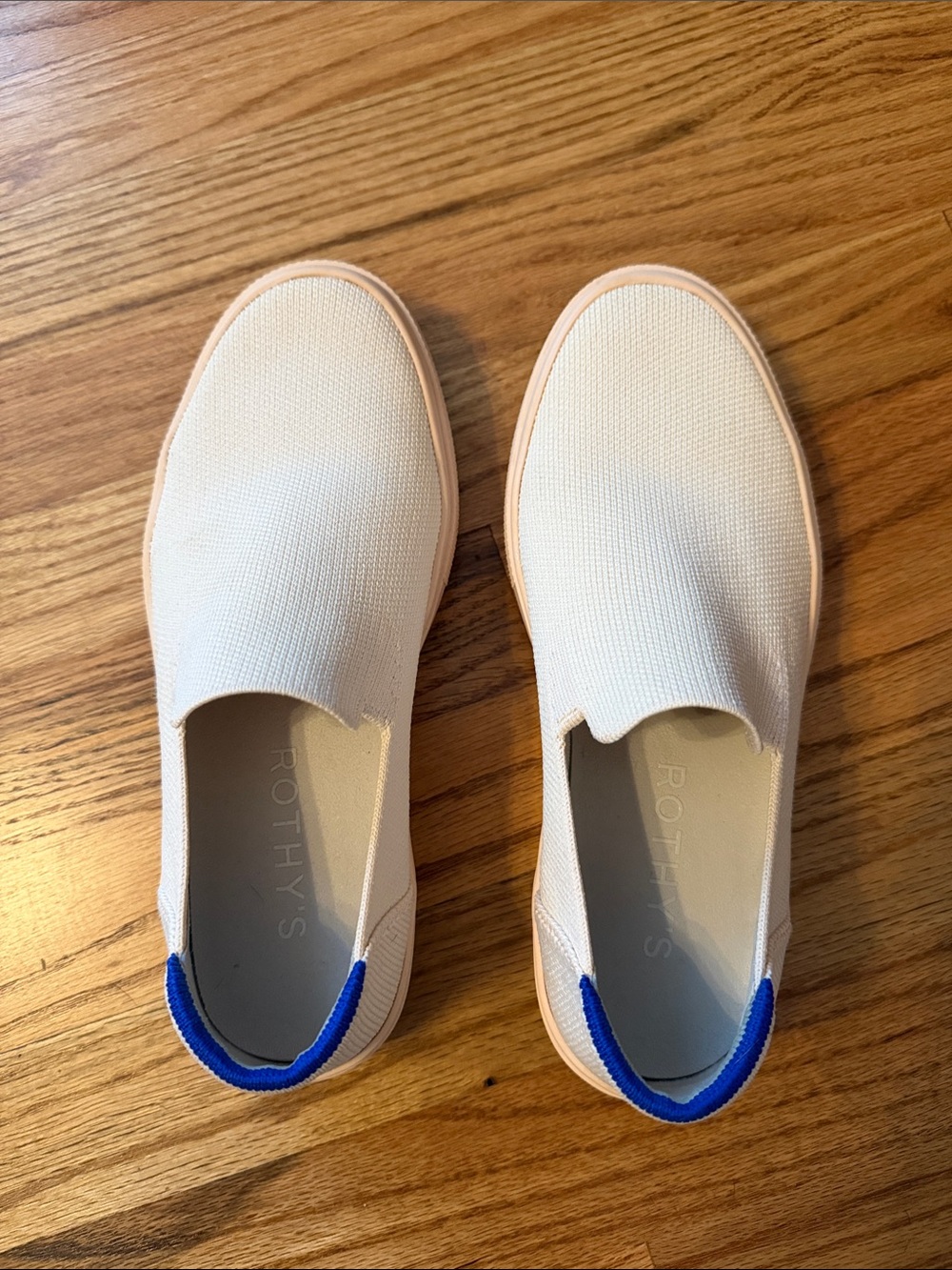 Rothy's Light Pink Original Slip-On Loafers with Blue Heel Accent